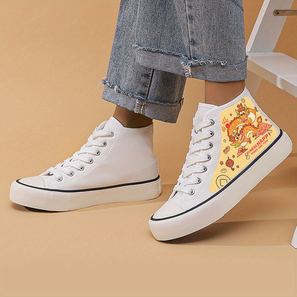 Dragon Print Chunky Canvas Sneakers High Top Skate Shoes