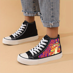 Dragon Print Flat Heighten Chunky Canvas Sneakers High Top Classic Skate Shoes
