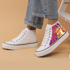 Dragon Print Flat Heighten Chunky Canvas Sneakers High Top Classic Skate Shoes