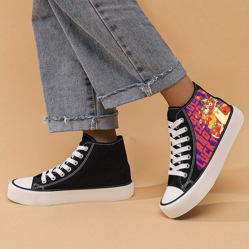 Dragon Print Flat Heighten Chunky Canvas Sneakers High Top Classic Skate Shoes