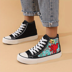 Heart Print Chunky Canvas Sneakers High Top Classic Skate Shoes