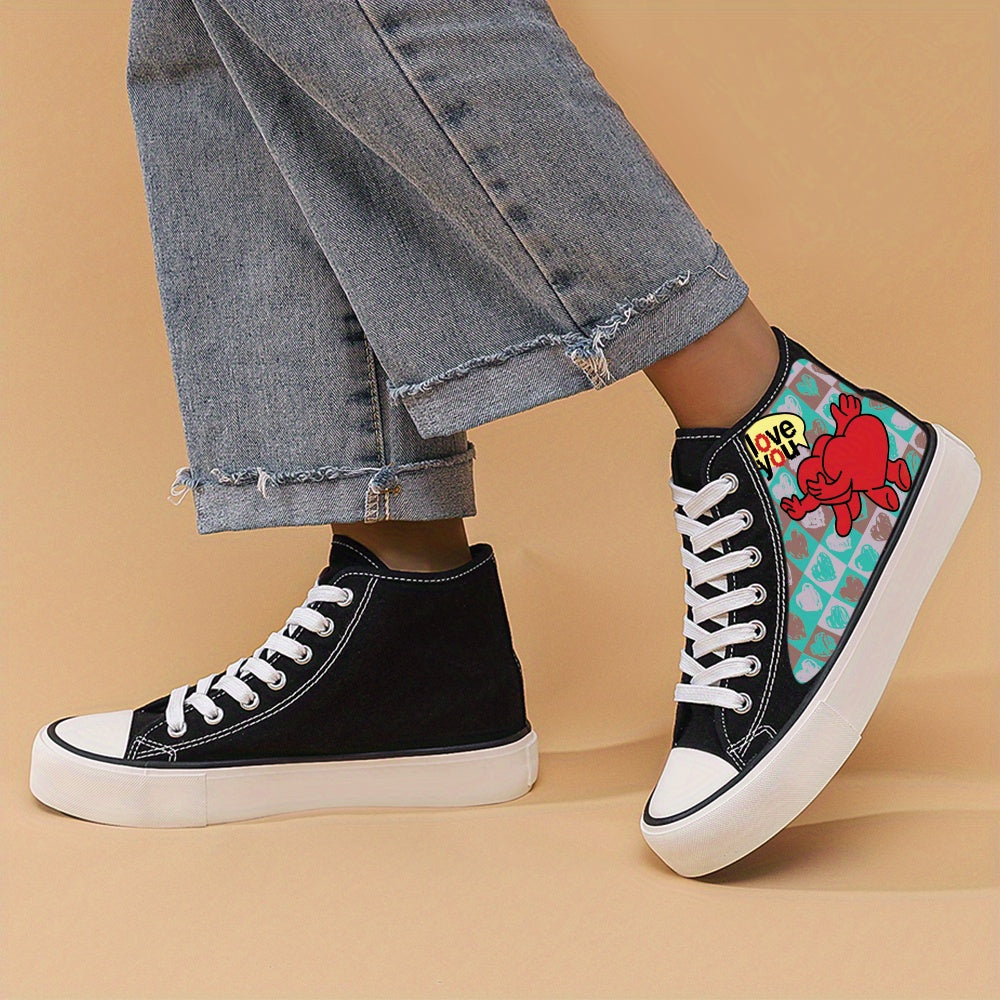Heart Print Chunky Canvas Sneakers High Top Classic Skate Shoes