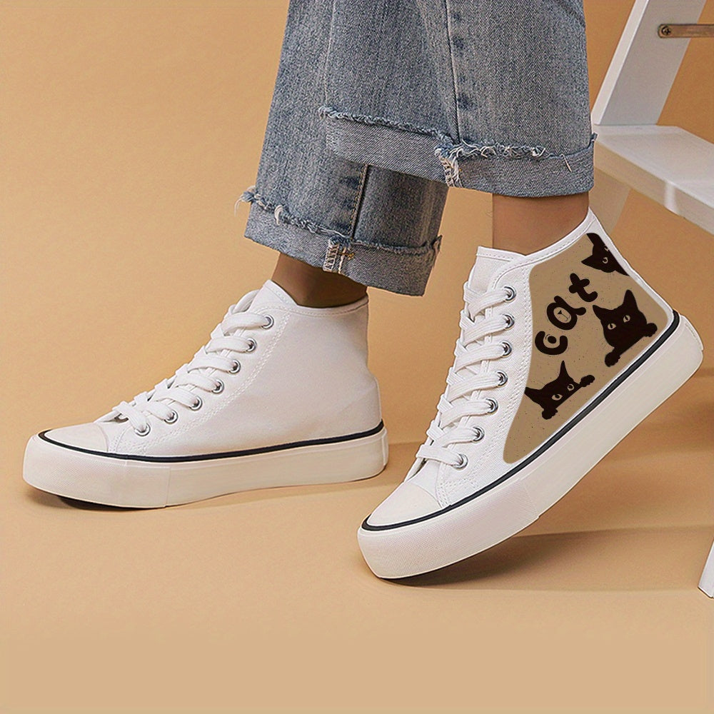 Cat Print Flat High Chunky Canvas Sneakers Non Slip High Top Skate Shoes