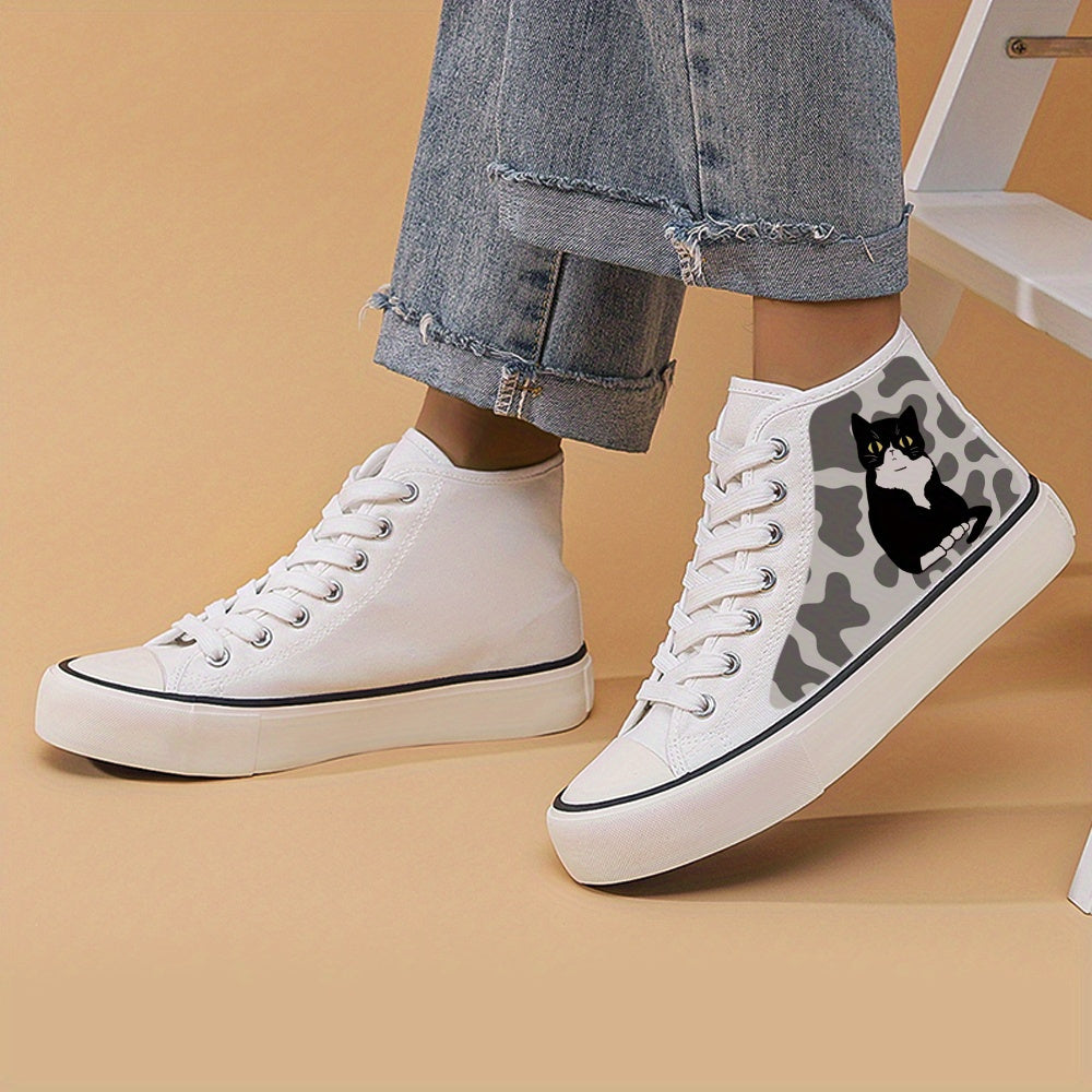 Cat Print Chunky Canvas Sneakers High Top Classic Skate Shoes