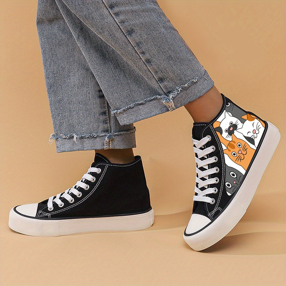 Cat Print Chunky Canvas Sneakers High Top Skate Shoes