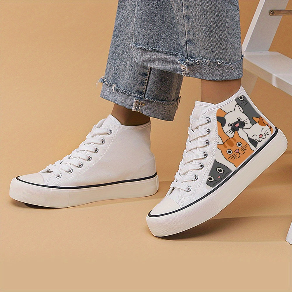 Cat Print Chunky Canvas Sneakers High Top Skate Shoes