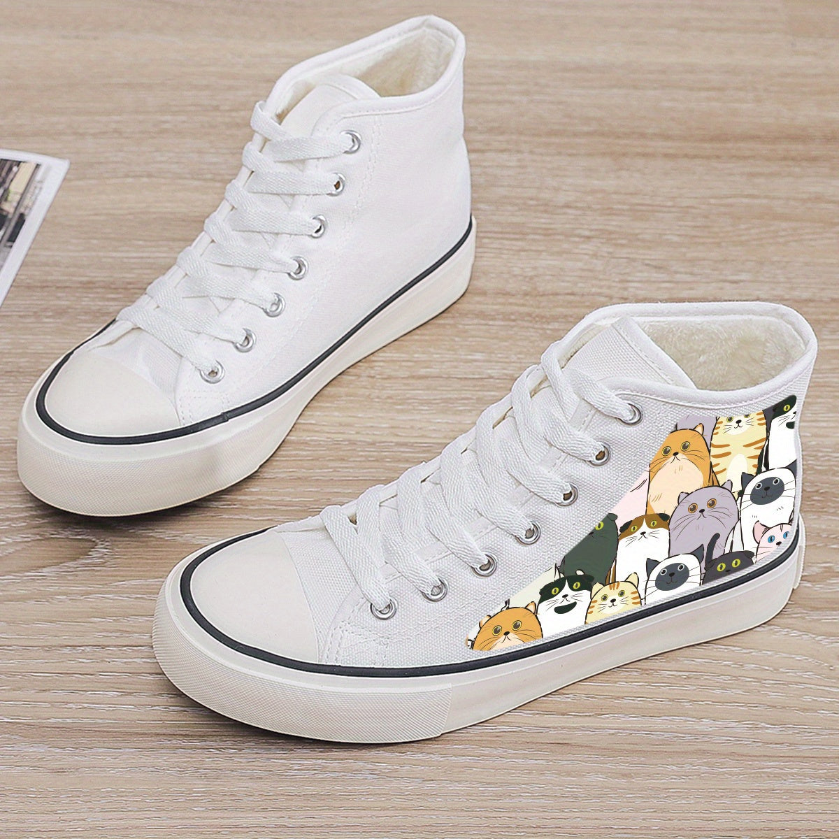 Cat Print Plush Lined Chunky Canvas Sneakers