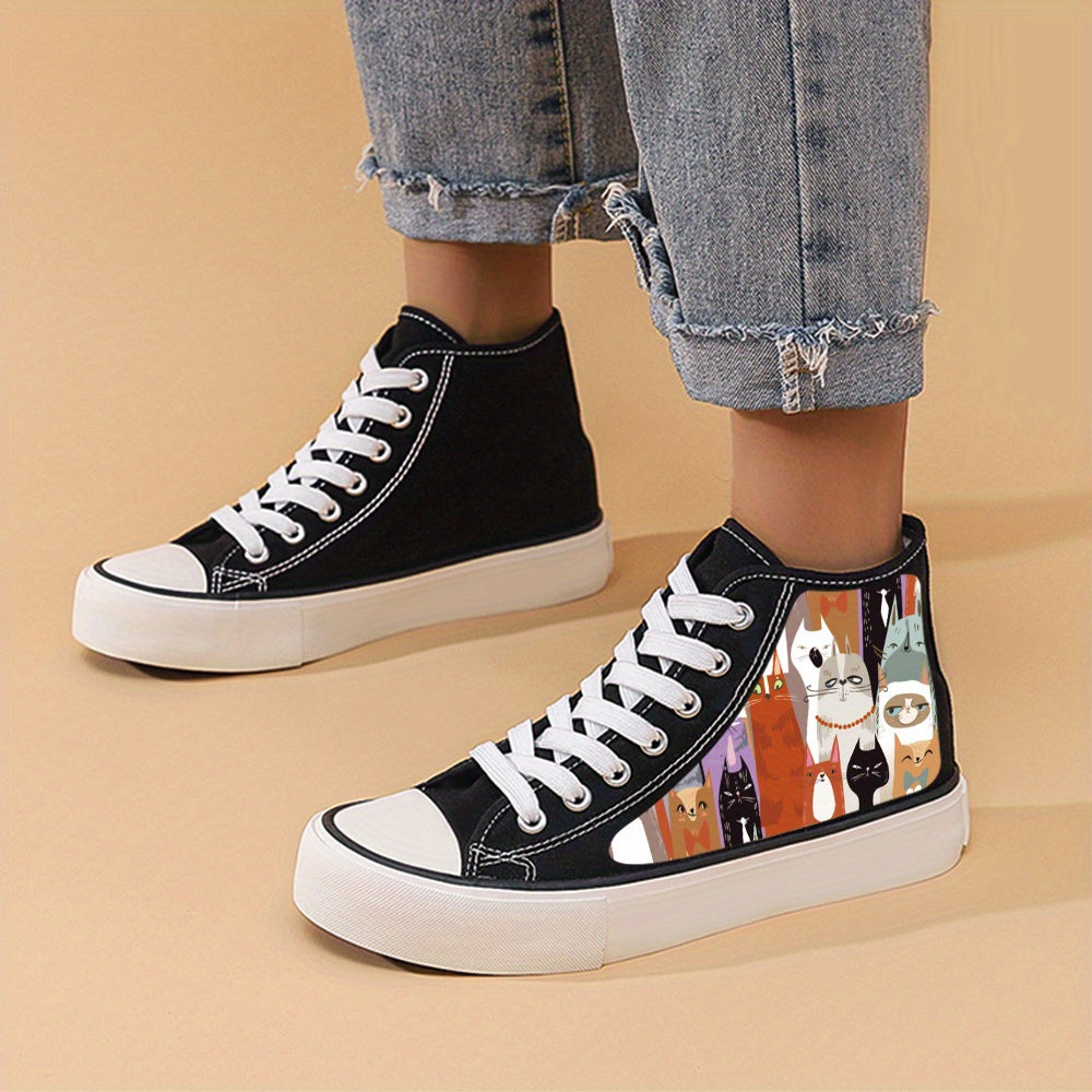 Cat Print Chunky Canvas Sneakers High Top Lace Up