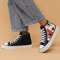 Cat Print Chunky Canvas Sneakers High Top Lace Up