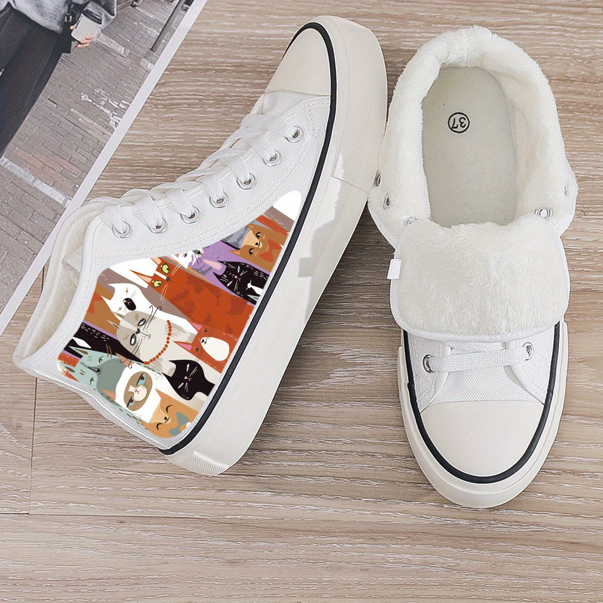 Cat Print Plush Lined Thermal Chunky Canvas Sneakers