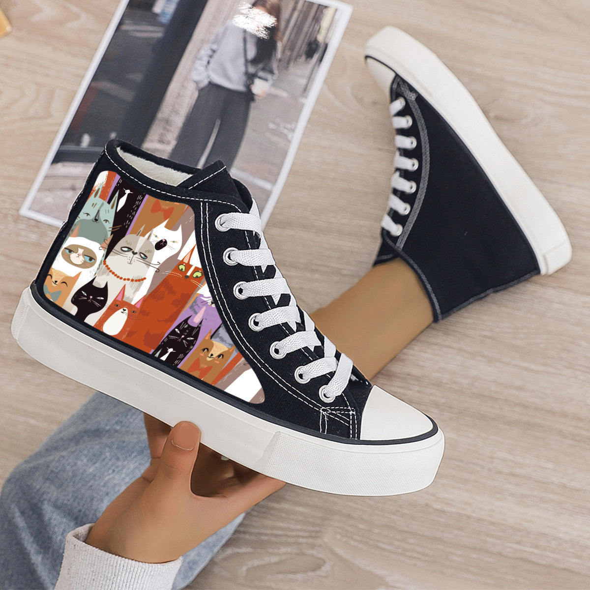 Cat Print Plush Lined Thermal Chunky Canvas Sneakers