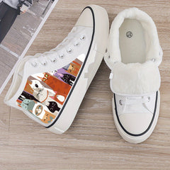 Cat Print Plush Lined Thermal Chunky Canvas Sneakers