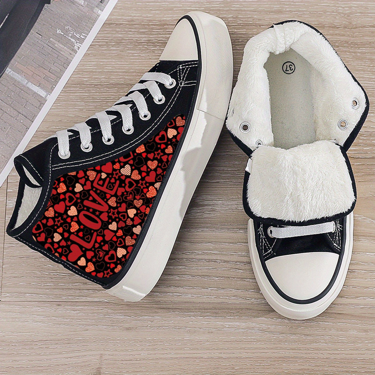 Heart Print Plush Lined Chunky Canvas Sneakers