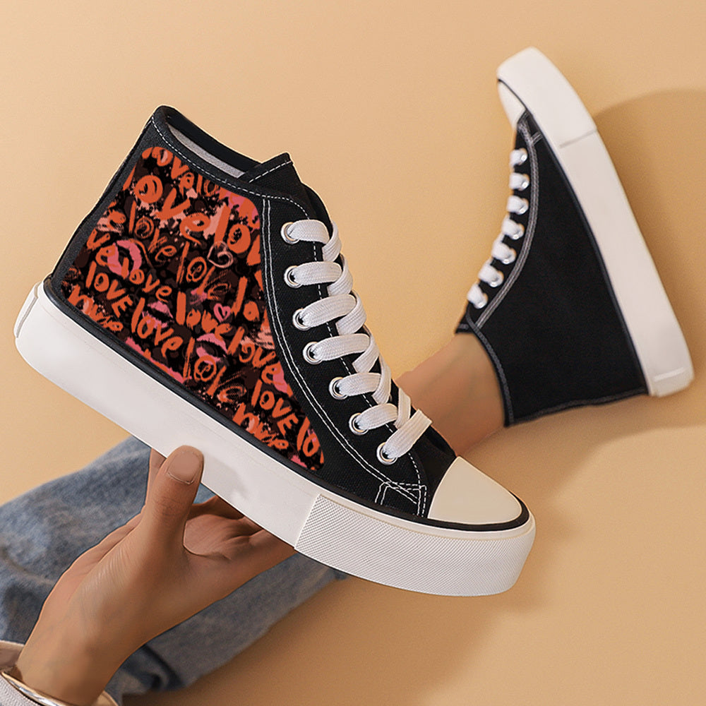Love Print Flat Heighten Chunky Canvas Sneakers