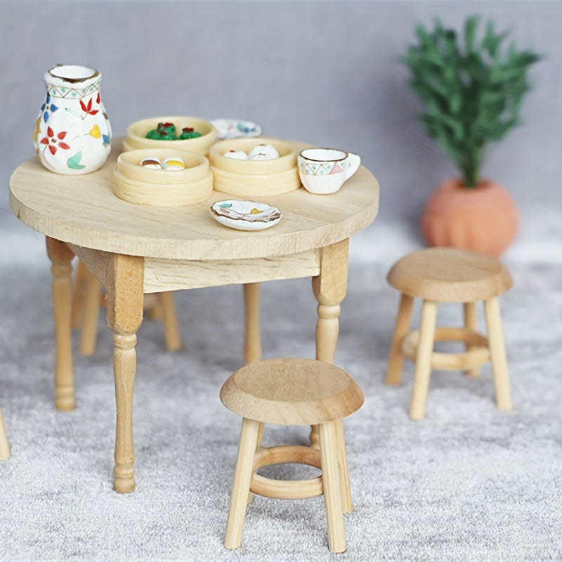 Miniature Round Stool for Dollhouses - Solid Wood Design
