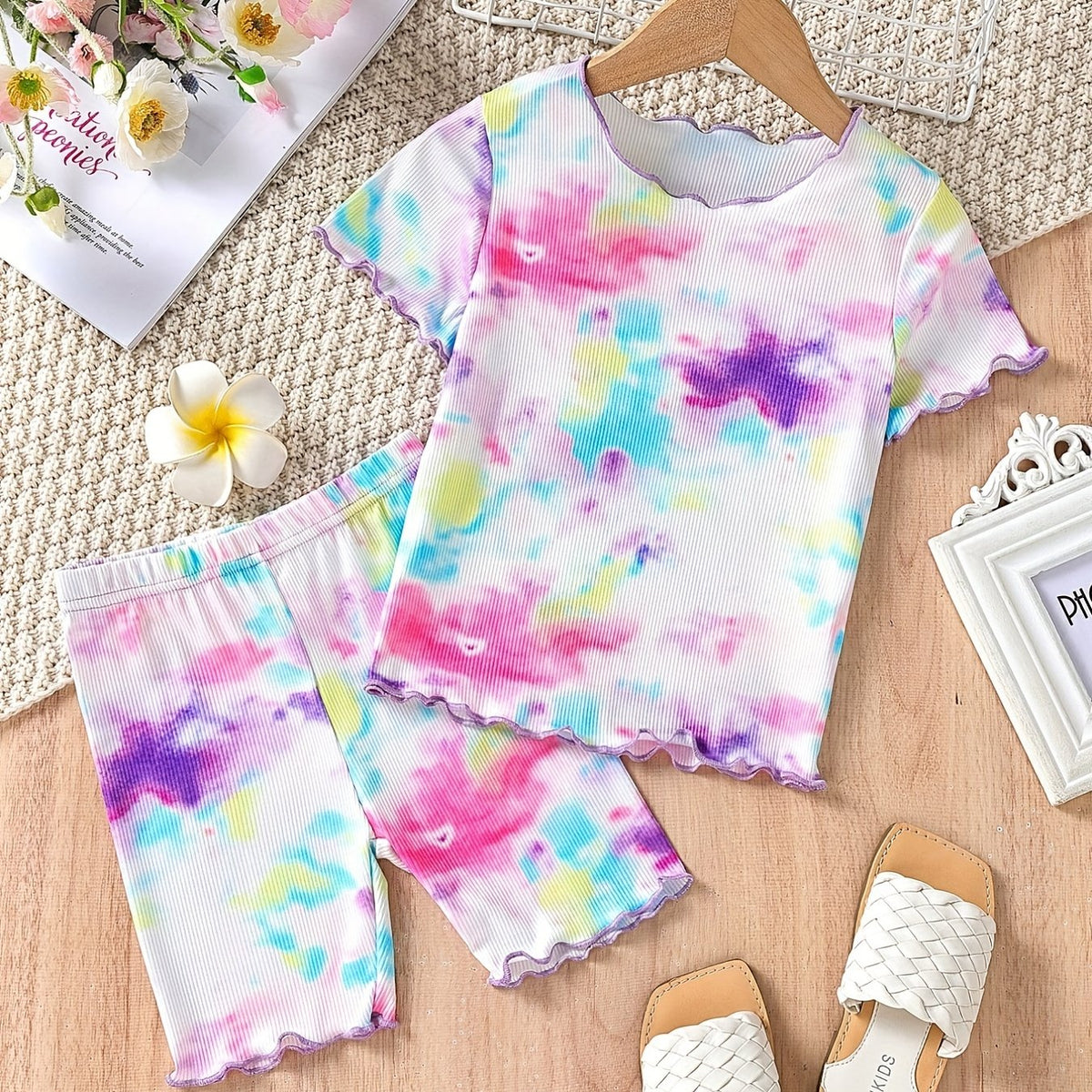 Toddler Girls Tie Dye Crew Neck Pullover & Shorts Set