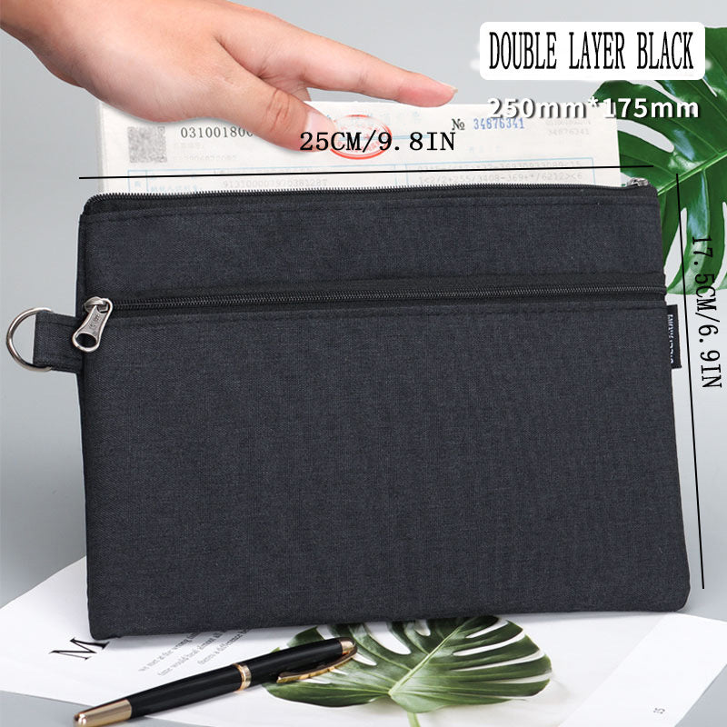 A5 Double Layer Zipper File Bag Oxford Canvas Invoice Storage Multifunctional