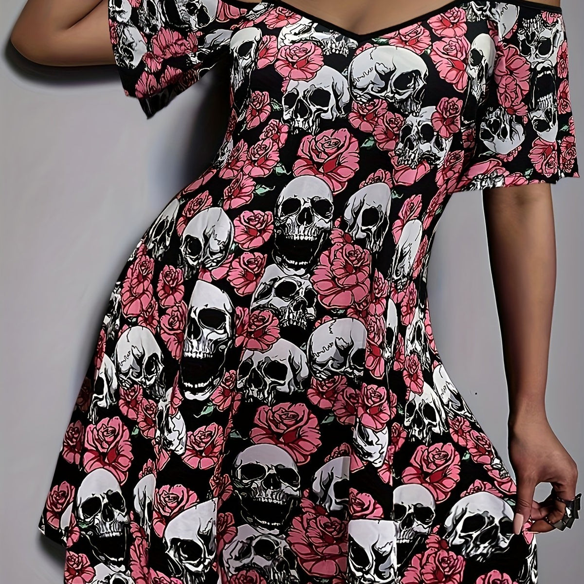  Halloween Cold Shoulder Dress Skull & Floral Print Medium Stretch