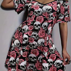  Halloween Cold Shoulder Dress Skull & Floral Print Medium Stretch