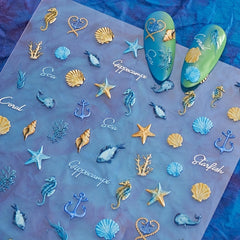 5D Ocean Nail Art Stickers Starfish Jellyfish Shell Designs Self Adhesive Decals