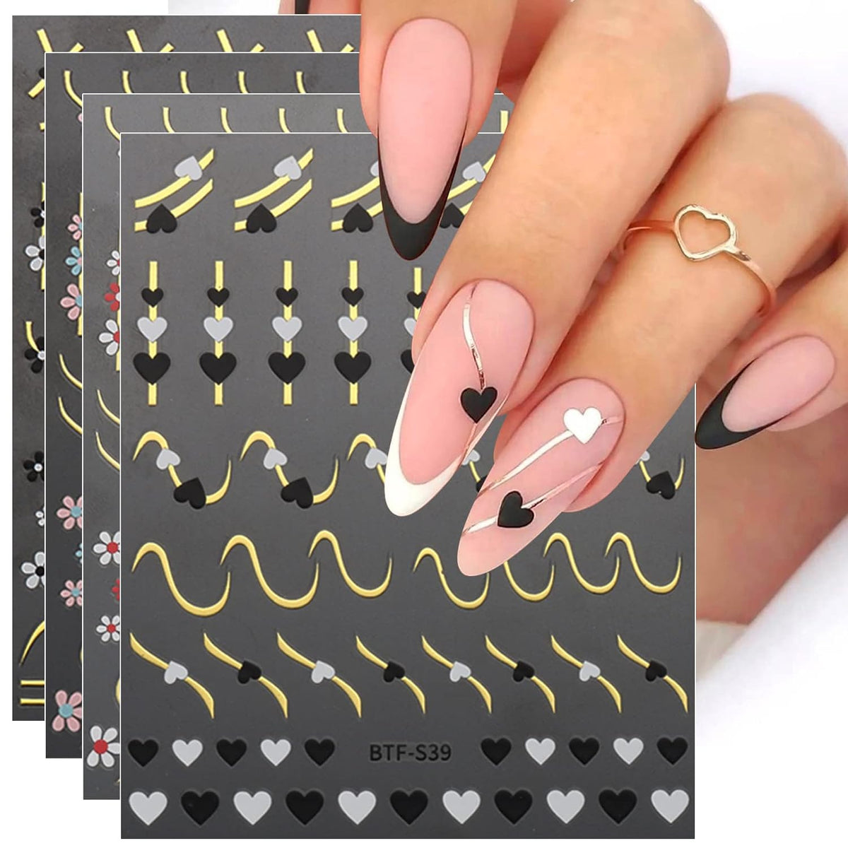 9 Sheets Heart Line Flower Nail Art Stickers Self Adhesive Nail Supplies