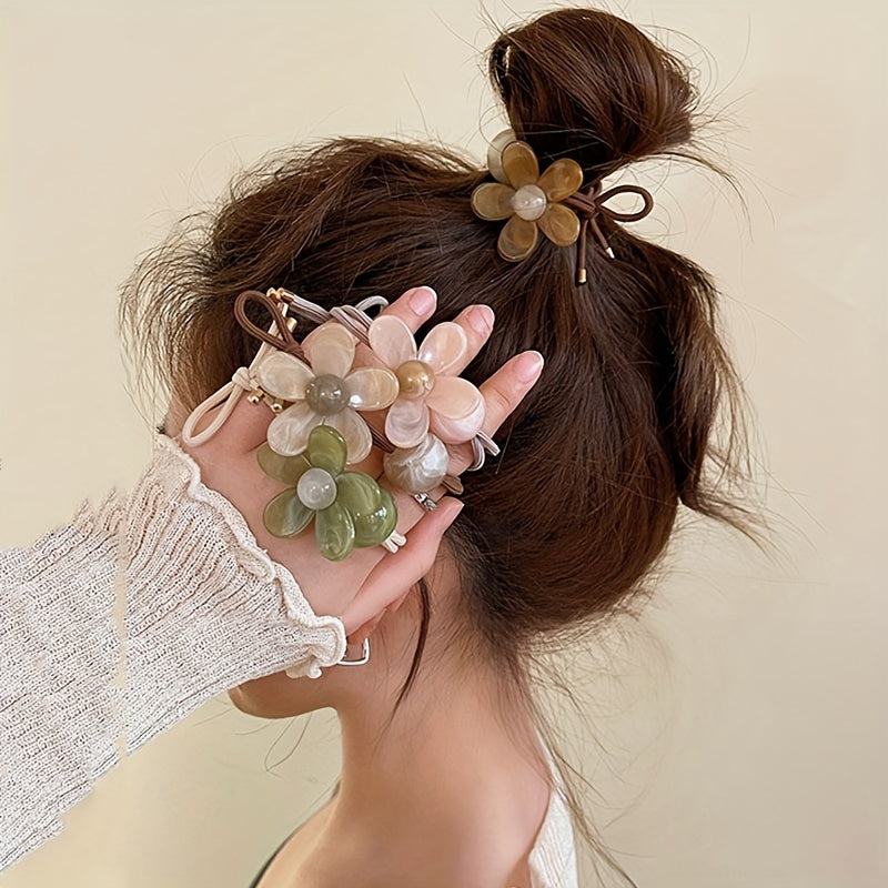 Retro Flower Hair Ties - Set of 3 - Sweet Designs for Women and Girls