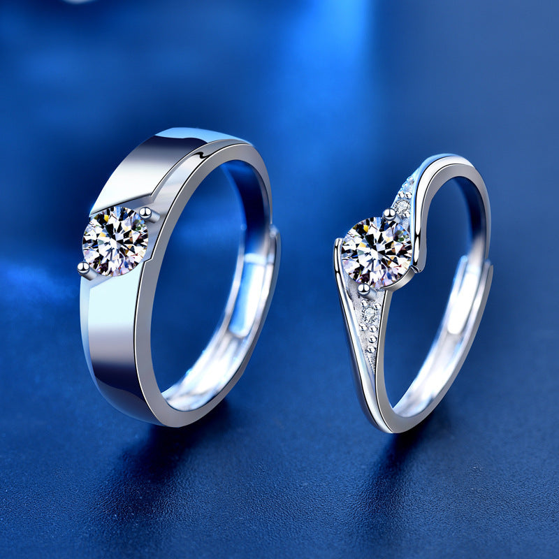 Adjustable 925 Silver Couple Rings Set with 0.5ct Moissanite