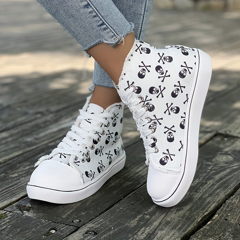 Skull Print High Top Sneakers Lace Up Casual Walking Shoes