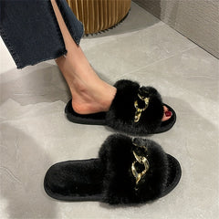 Women's Chain Decor Plush Slippers Faux Fur Indoor Warm Slip On