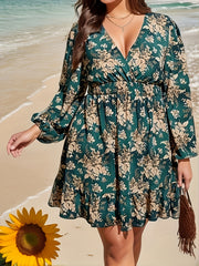  Floral Print Long Sleeve Surplice Neck Mini Dress