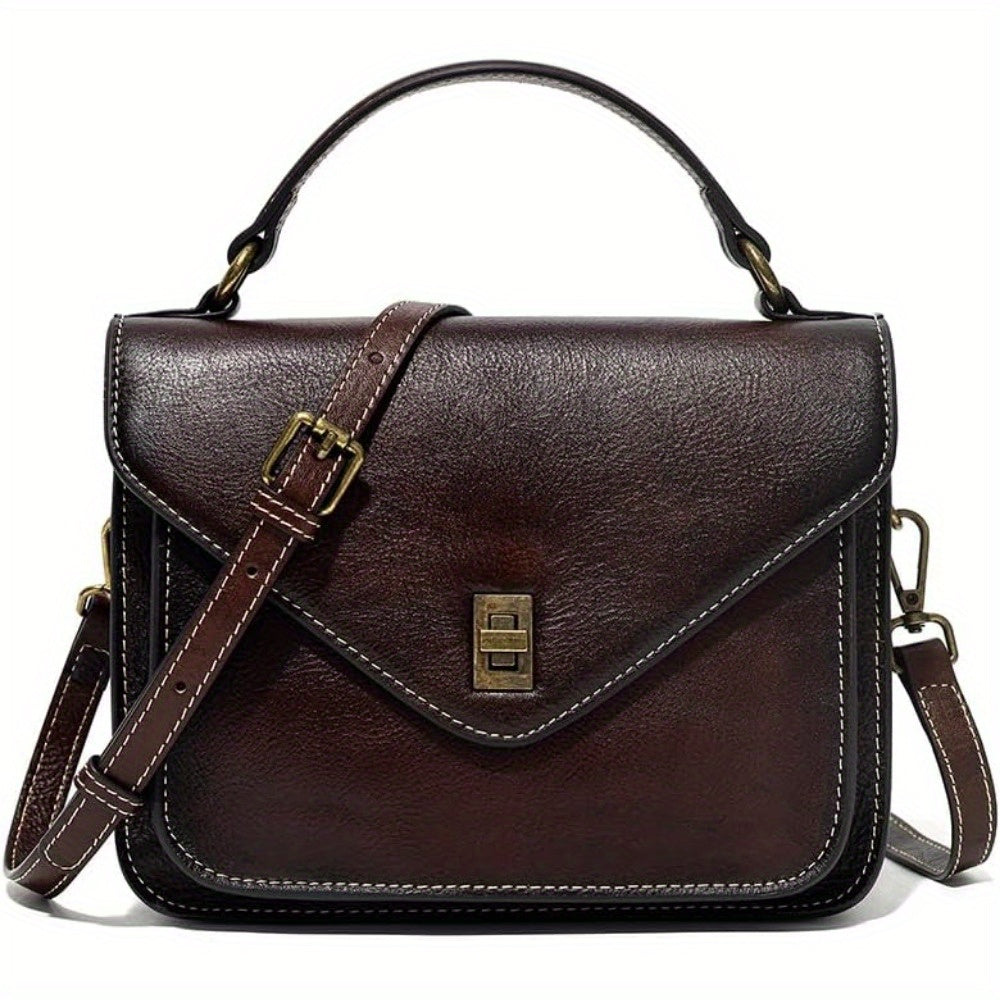 Vintage Brown Leather Crossbody Bag for Women with Top Handle Kiss Lock Closure