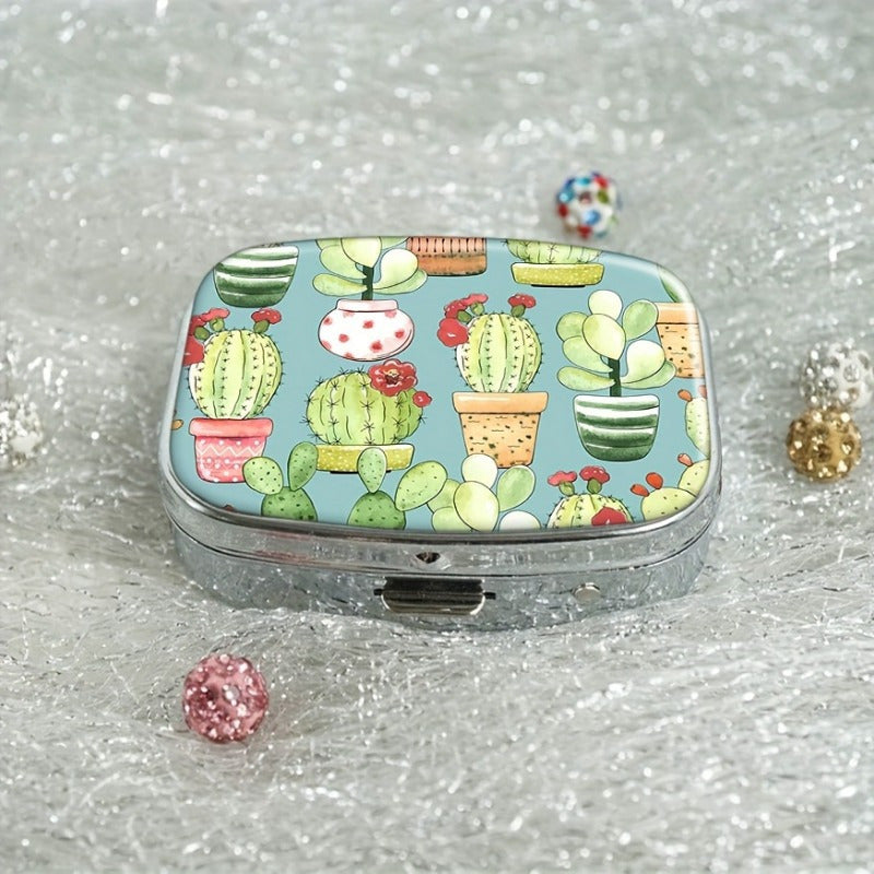 Cacti & Pots Turquoise Pill Case 2 Compartment Medicine Organizer