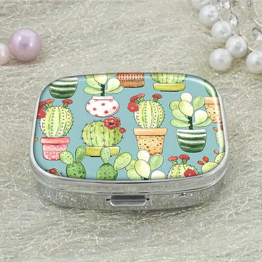 Cacti & Pots Turquoise Pill Case 2 Compartment Medicine Organizer