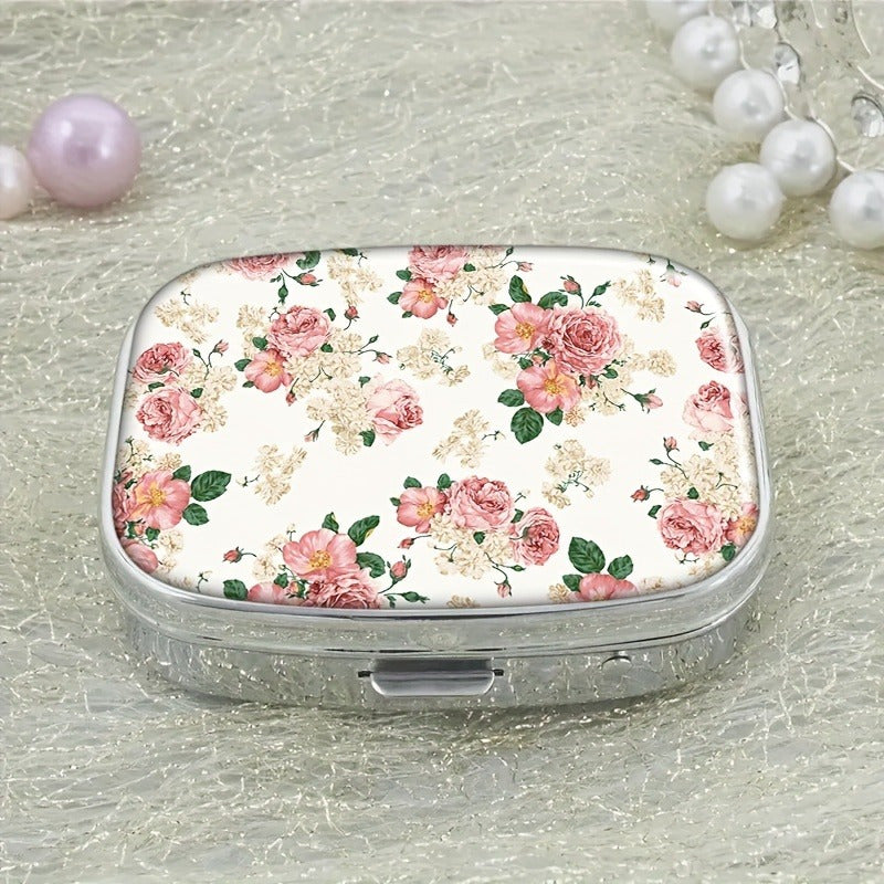 Vintage Floral Metal Pill Case 2 Compartment Medicine Organizer Pink Peach