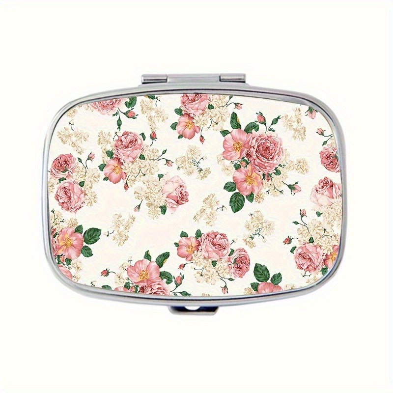 Vintage Floral Metal Pill Case 2 Compartment Medicine Organizer Pink Peach