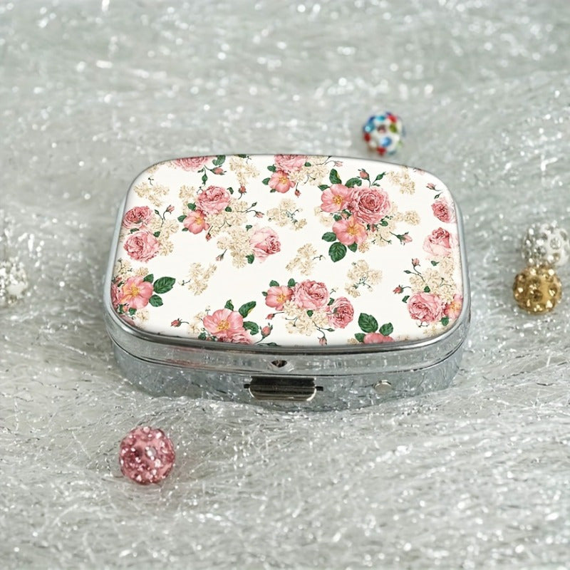 Vintage Floral Metal Pill Case 2 Compartment Medicine Organizer Pink Peach