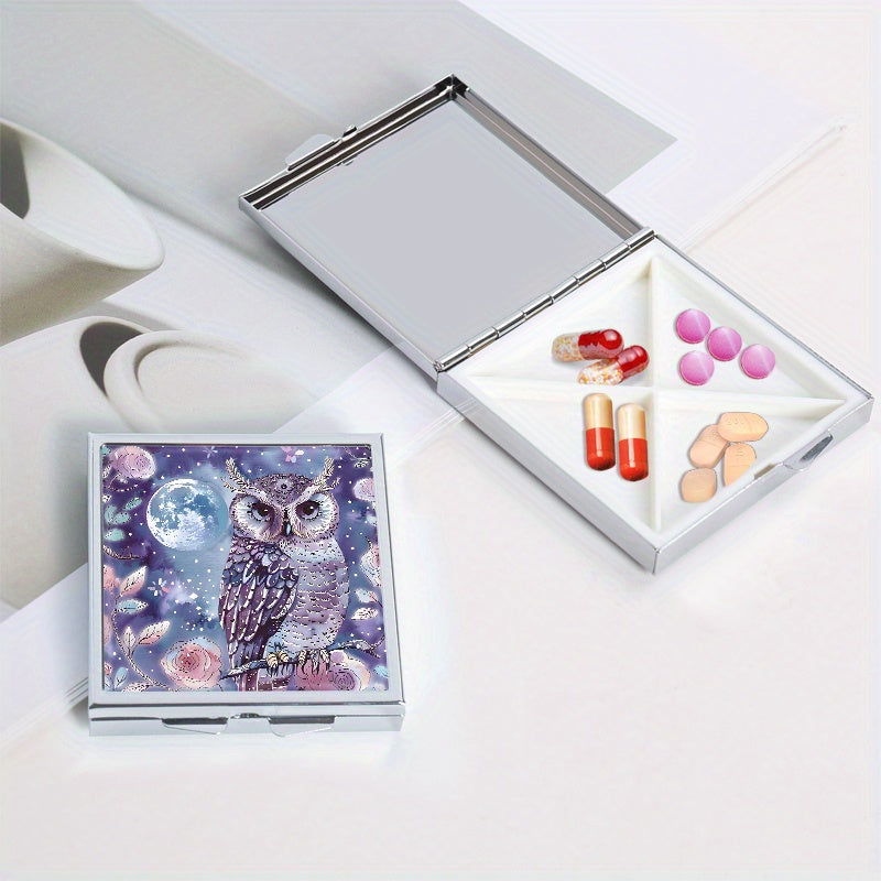 Owl Print Square Pill Box with 4 Compartments Portable Medicine Box