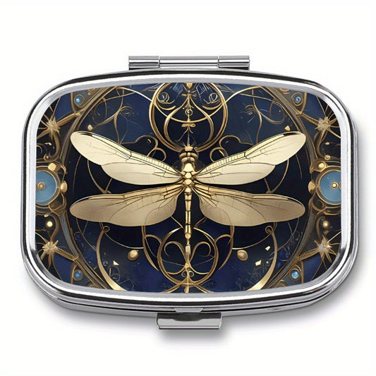 Dragonfly Pill Box 2 Compartment Colored Glass Metal Portable Medicine Case