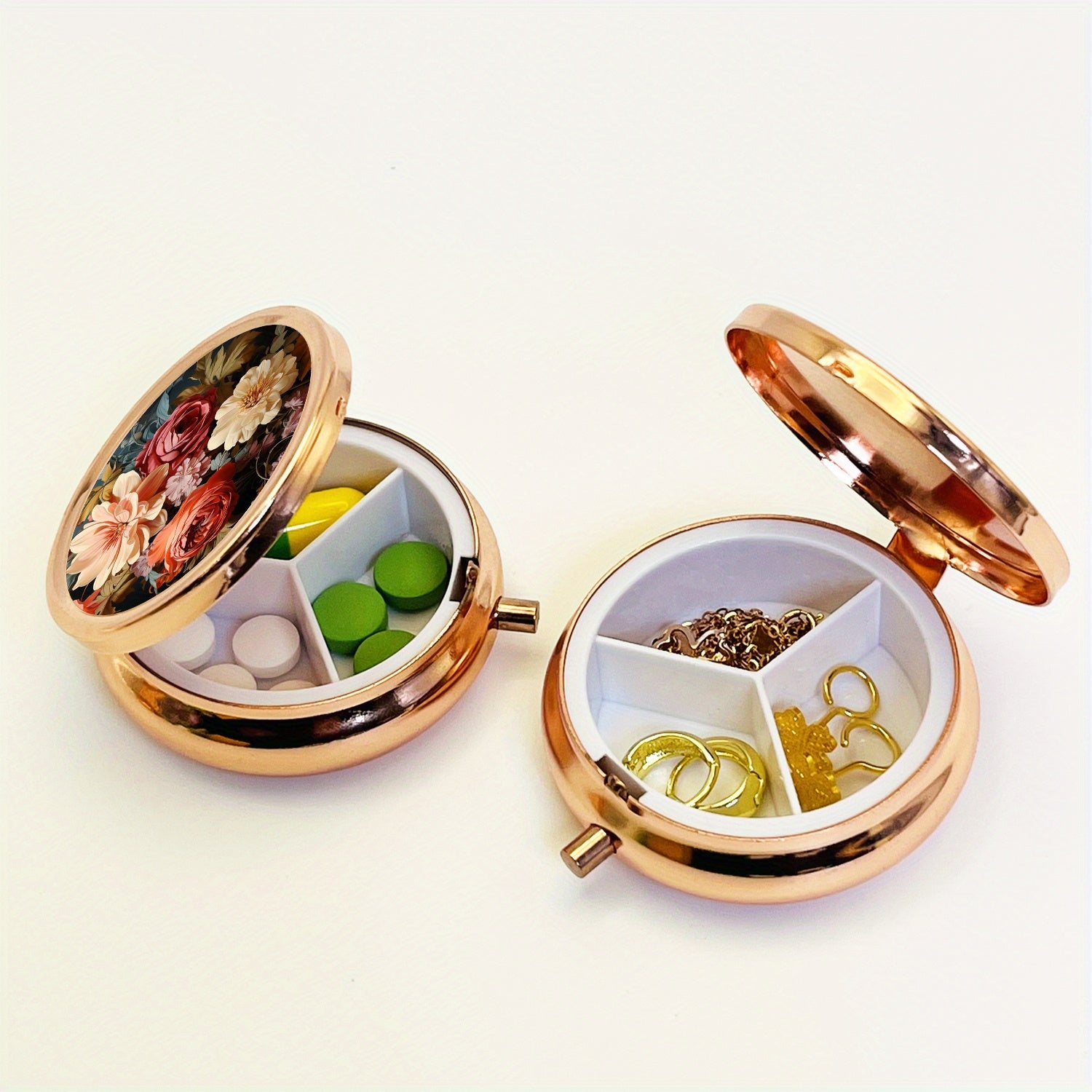 Floral Pill Organizer 3 Compartment Metal Medicine Case