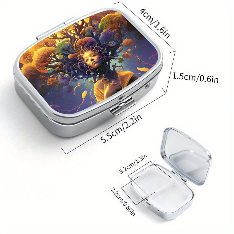 Tree of Life Square Pill Box 2 Compartment Metal Medicine Case