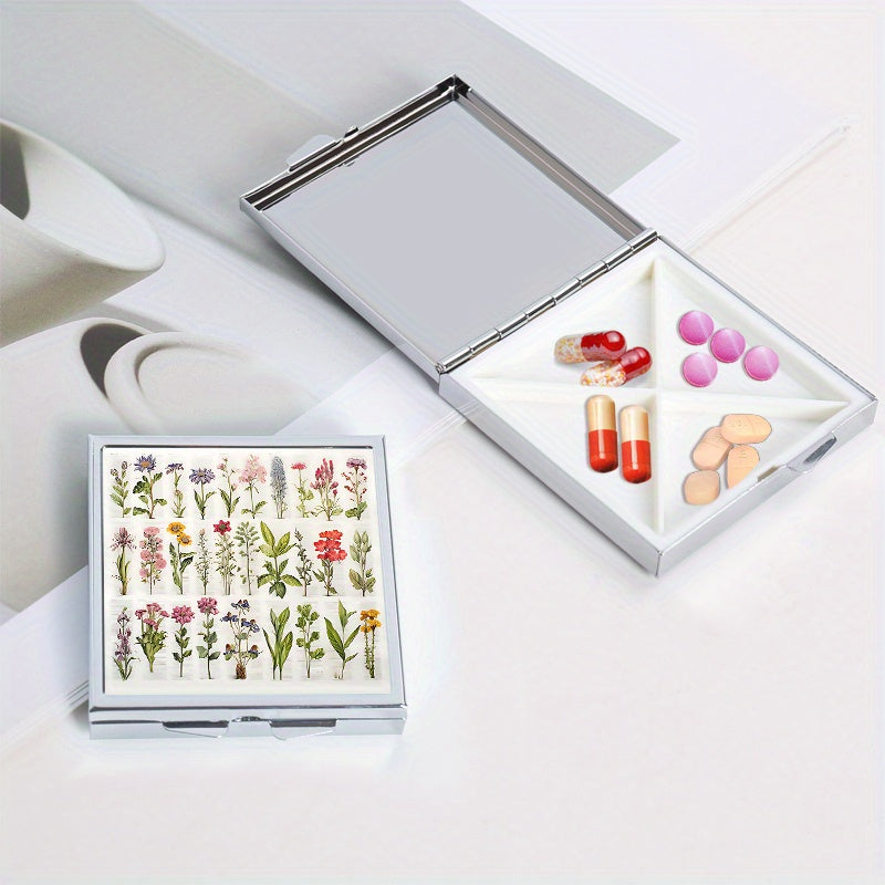 Plant Illustration Print Square Pill Box with 4 Compartments
