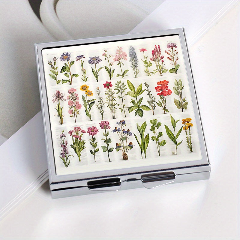 Plant Illustration Print Square Pill Box with 4 Compartments