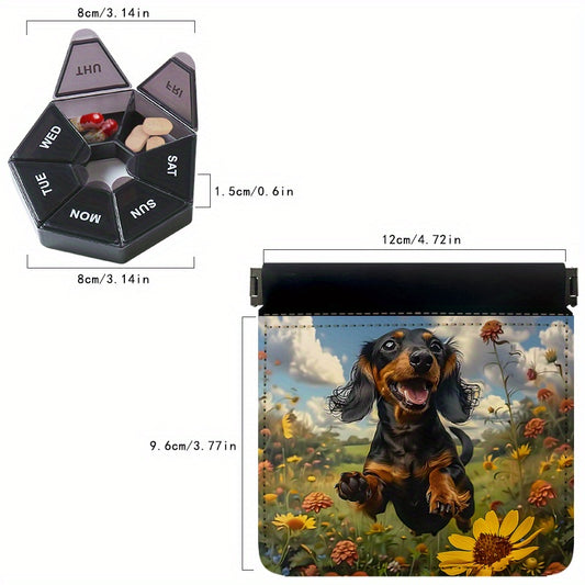 2 Pack Dog & Flower Pattern 7 Pill Organizer Boxes with Dual Layer Storage Pouch