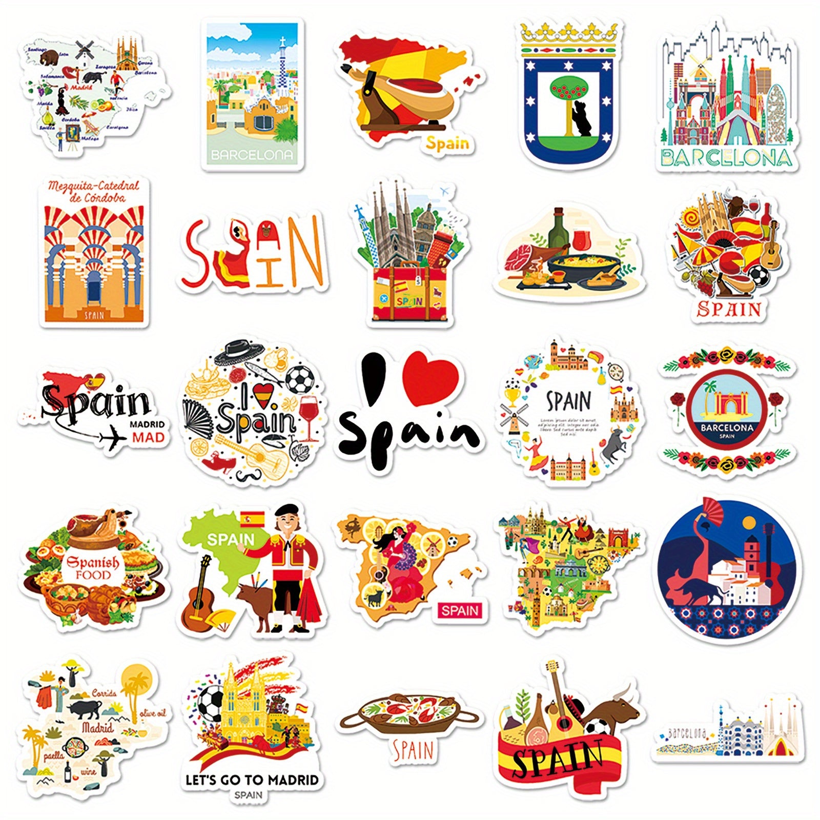 50pcs Spain Travel Vinyl Stickers Set for Adults Reusable Decals