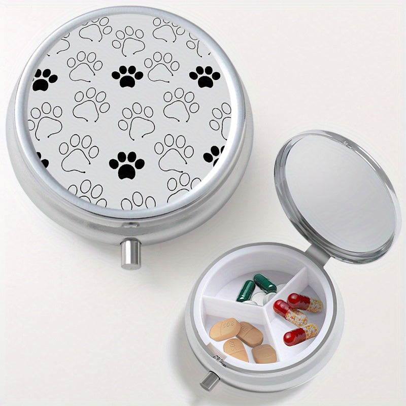 Paw Print Pattern Pill Box 3 Compartments Mini Metal Organizer Jewelry