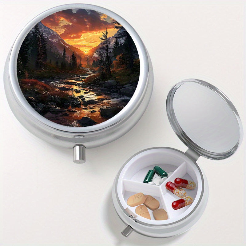 Landscape Print Round Pill Box 3 Compartments Mini Medicine Nutritional Vitamin