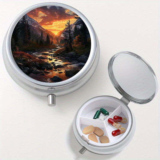 Landscape Print Round Pill Box 3 Compartments Mini Medicine Nutritional Vitamin