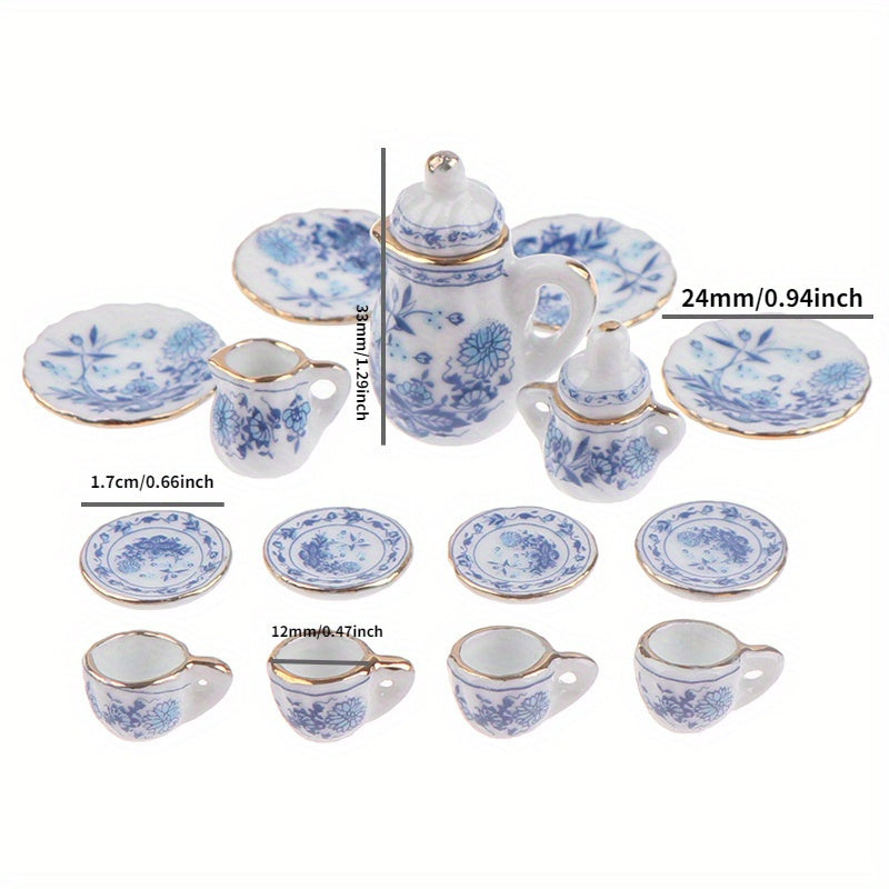 1:12 Scale Chinese Ceramic Tea Set with Floral Pattern for Dollhouse