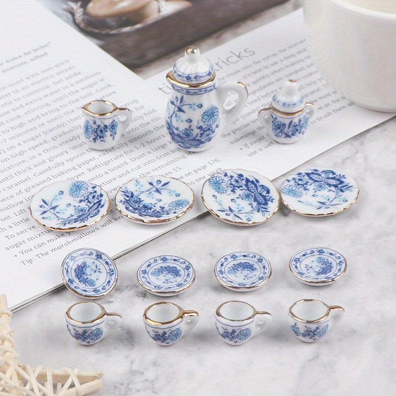 1:12 Scale Chinese Ceramic Tea Set with Floral Pattern for Dollhouse