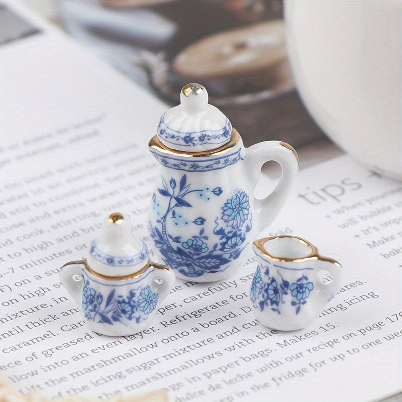 1:12 Scale Chinese Ceramic Tea Set with Floral Pattern for Dollhouse